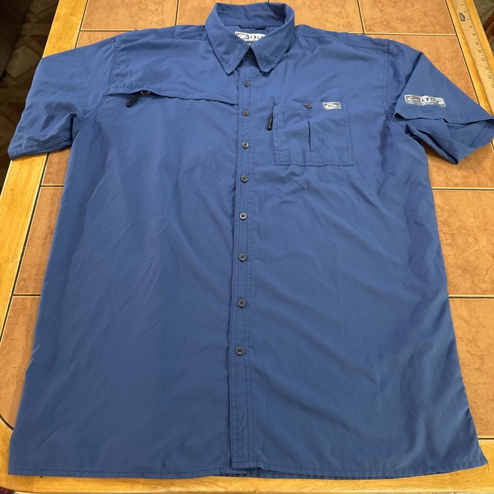 Drake Performance Fishing Shirt Mens Sz XL Blue Short Sleeve Button Up Vented